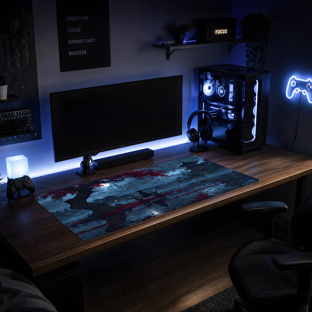Moonlit Samurai Lake Mousepad